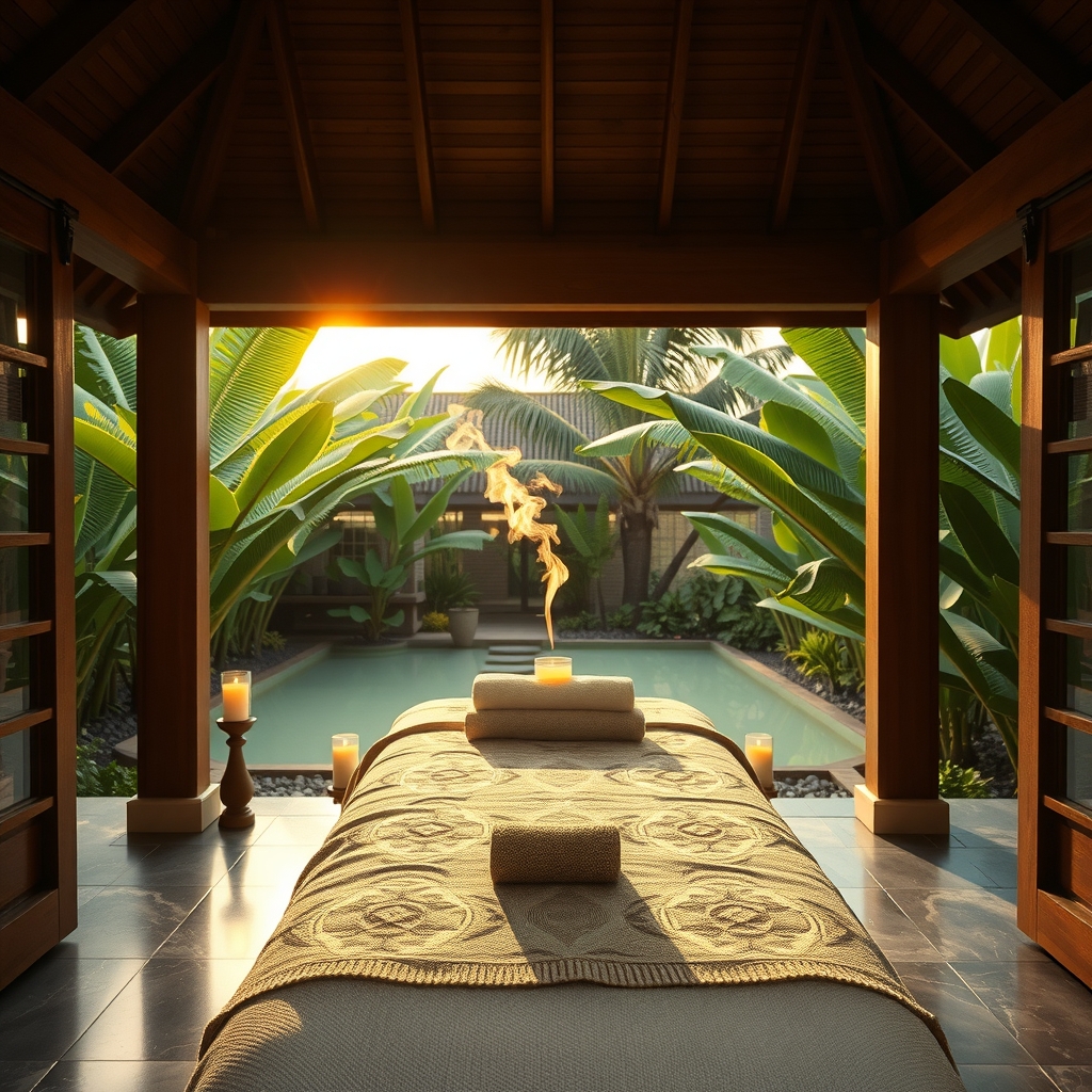 Paviliun spa terbuka menghadap taman tropis