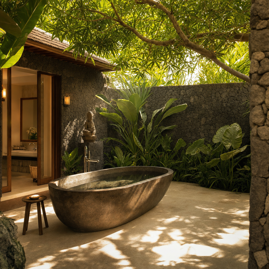 Halaman vila taman dengan bathtub batu terbuka