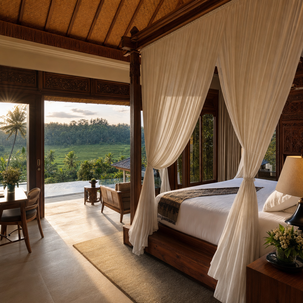 Interior suite dengan ranjang jati berukir
